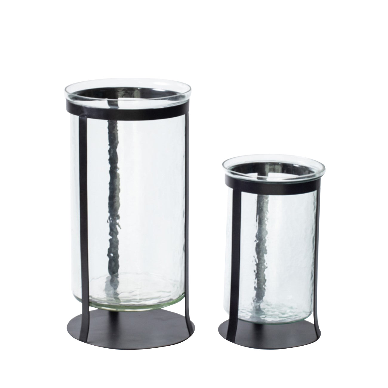 Hammered Glass & Black Iron Hurricane Candle Holder | Small