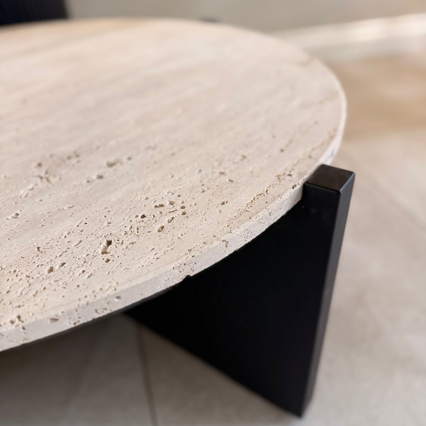Black Acacia Wood Coffee Table With Travertine Top