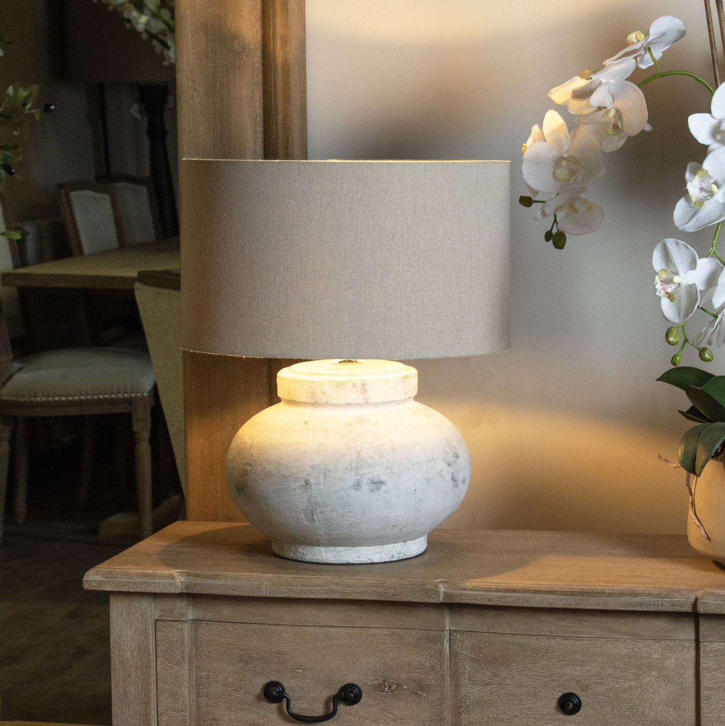 Antique White Stone Effect Round Ceramic Table Lamp With Linen Shade