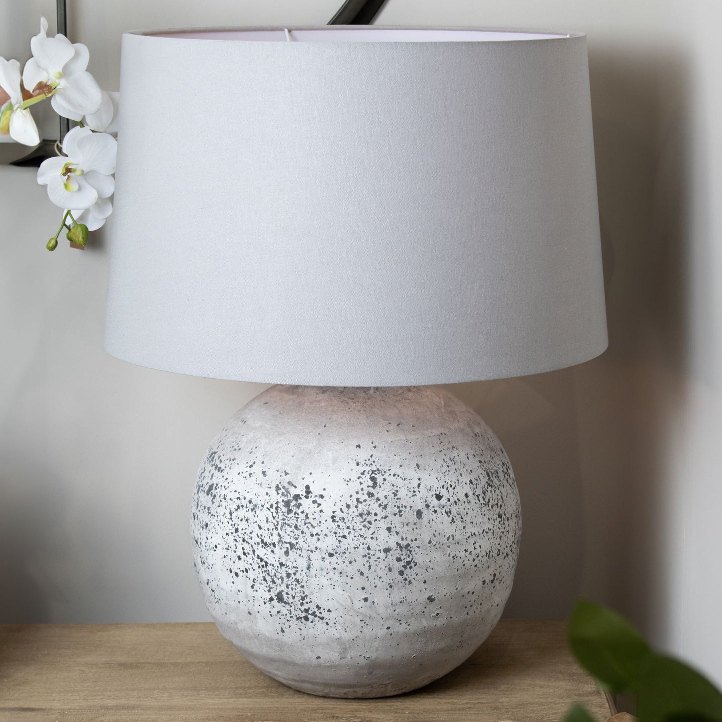 Large Stone Ceramic Lamp With Grey Fabric Shade