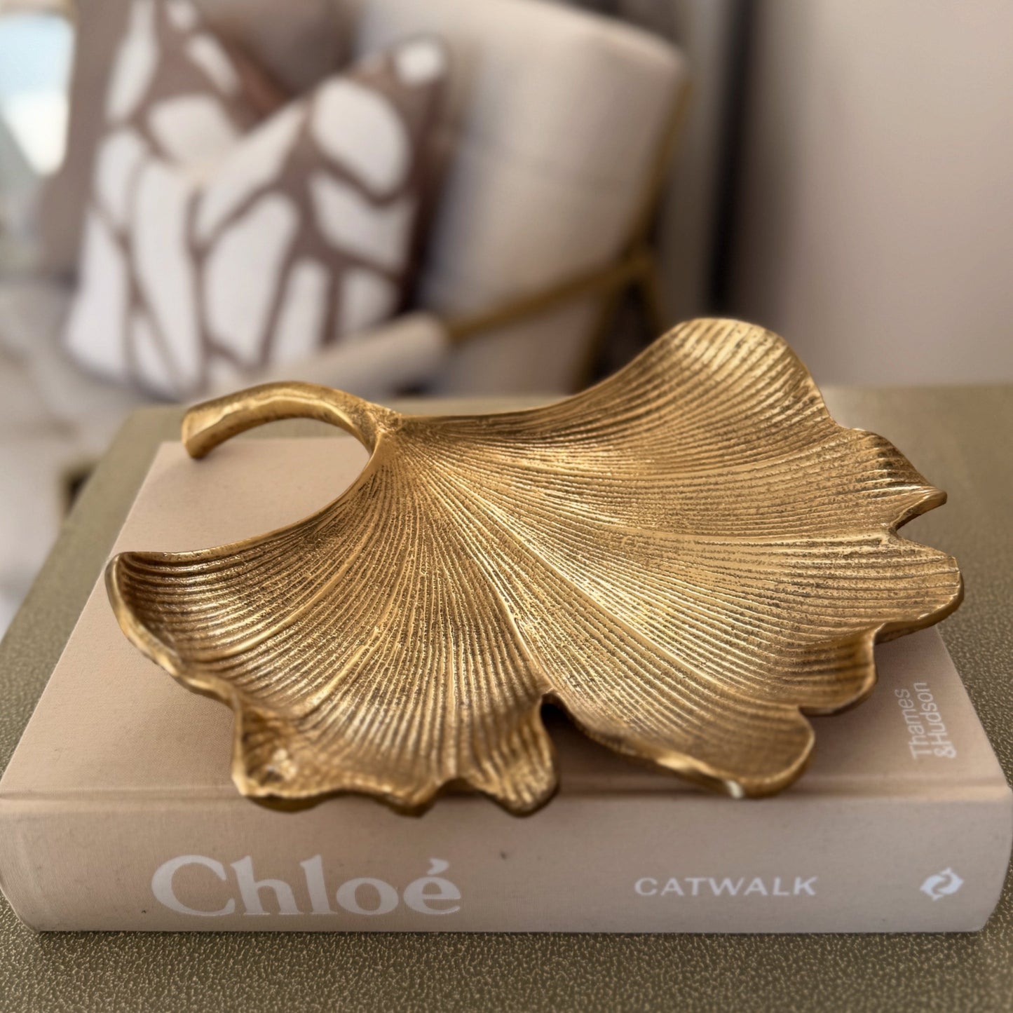 Large Antique Gold Finish Leaf Dish Bowl
