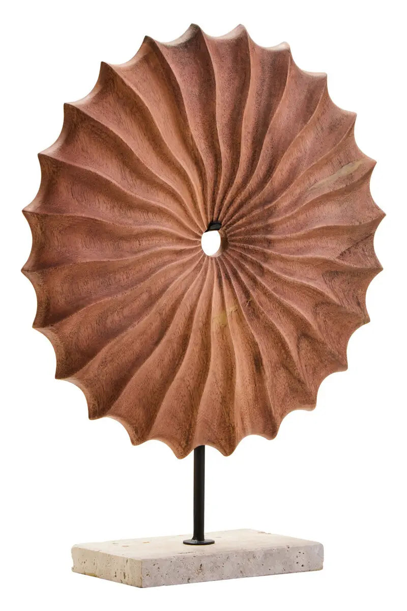 Natural Wood Round Sculpture With Travertine Marble Base