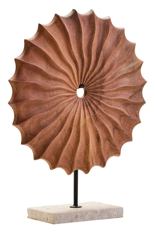 Natural Wood Round Sculpture With Travertine Marble Base