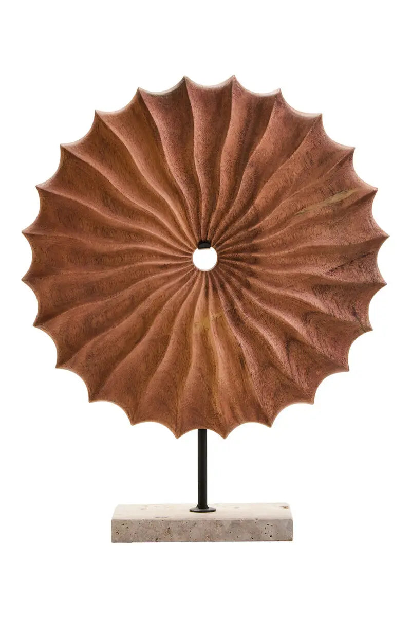 Natural Wood Round Sculpture With Travertine Marble Base