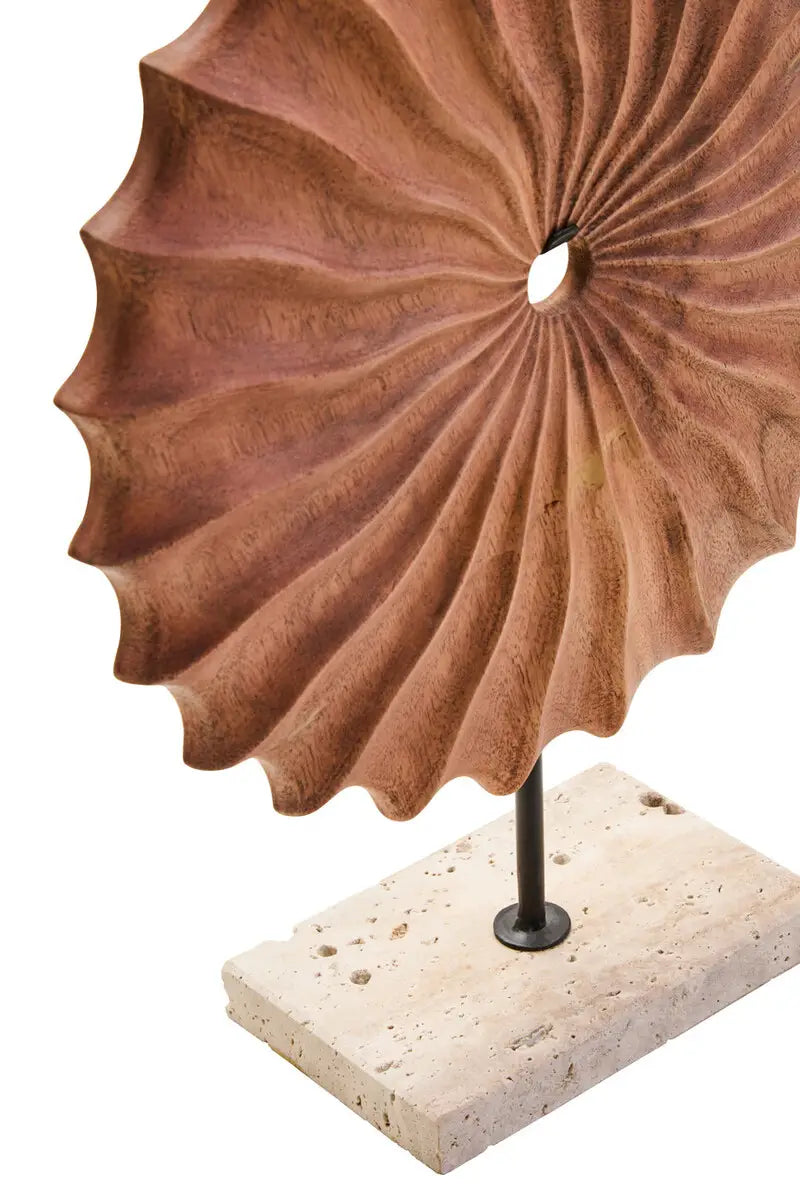 Natural Wood Round Sculpture With Travertine Marble Base