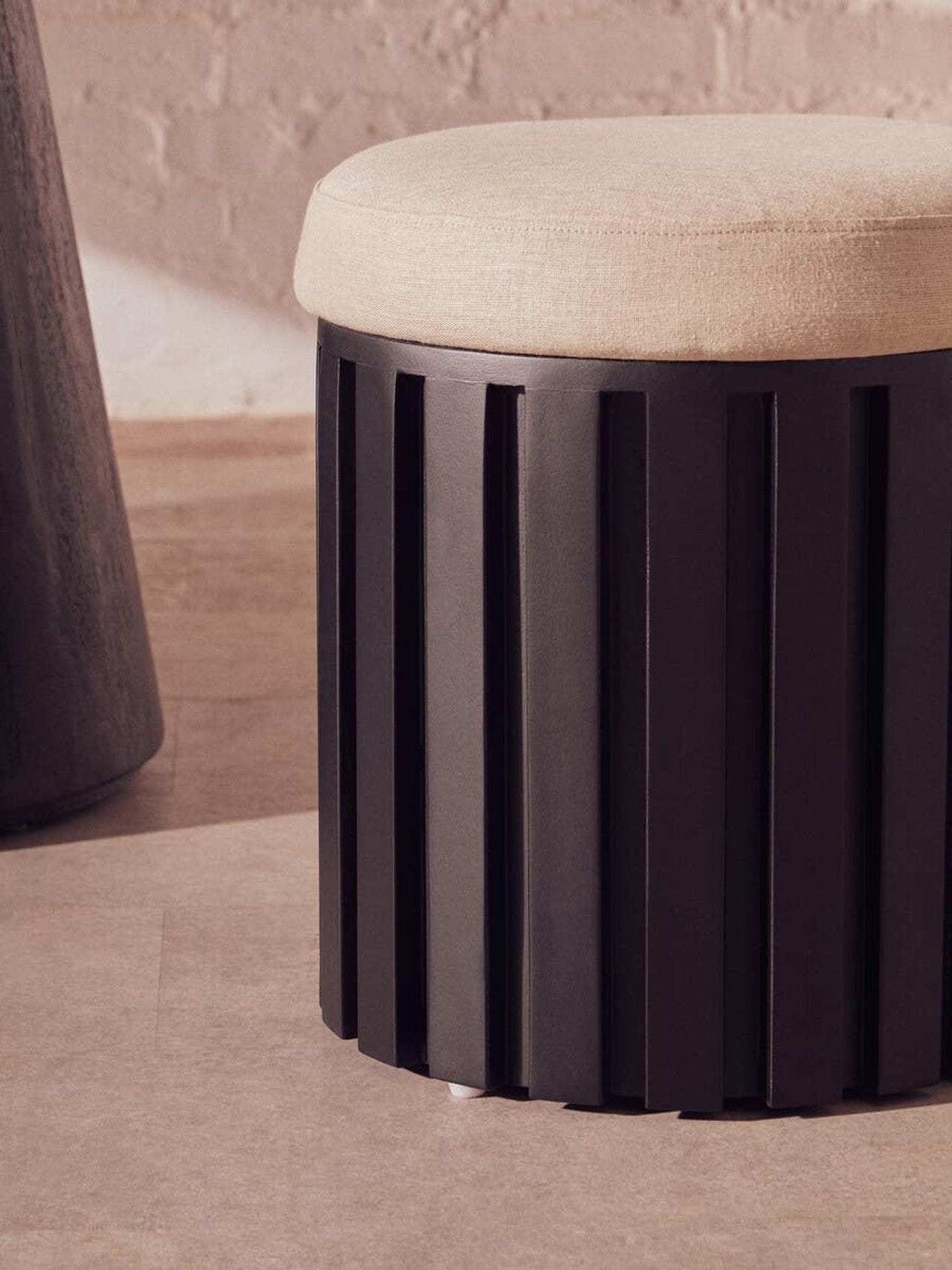 Black Mango Wood and Cream Linen Stool