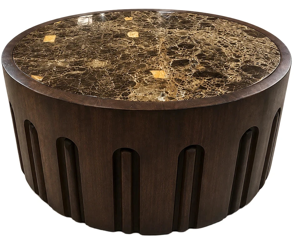 Round Brown Marble and Dark Mango Wood Carved Coffee Table