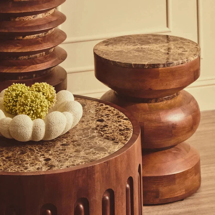 Round Brown Marble and Mango Wood Carved Tiered Side Table