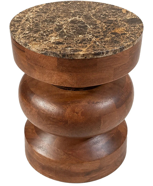 Round Brown Marble and Mango Wood Carved Tiered Side Table