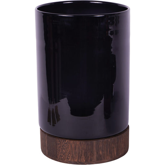 Noir Black Glass Hurricane Candle Holder / Vase With Wooden Base | Large