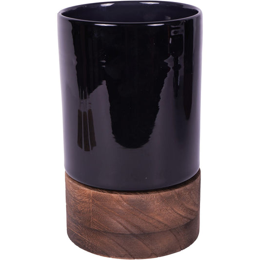 Noir Black Glass Hurricane Candle Holder / Vase With Wooden Base | Small