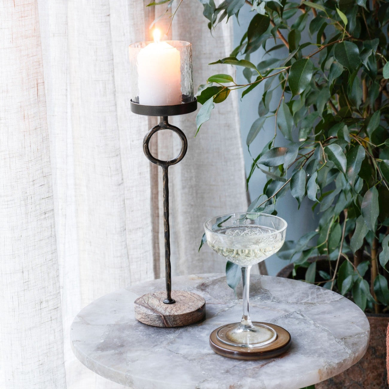 Antique Gold Table Hurricane Candle Holder With Marble Base | Small