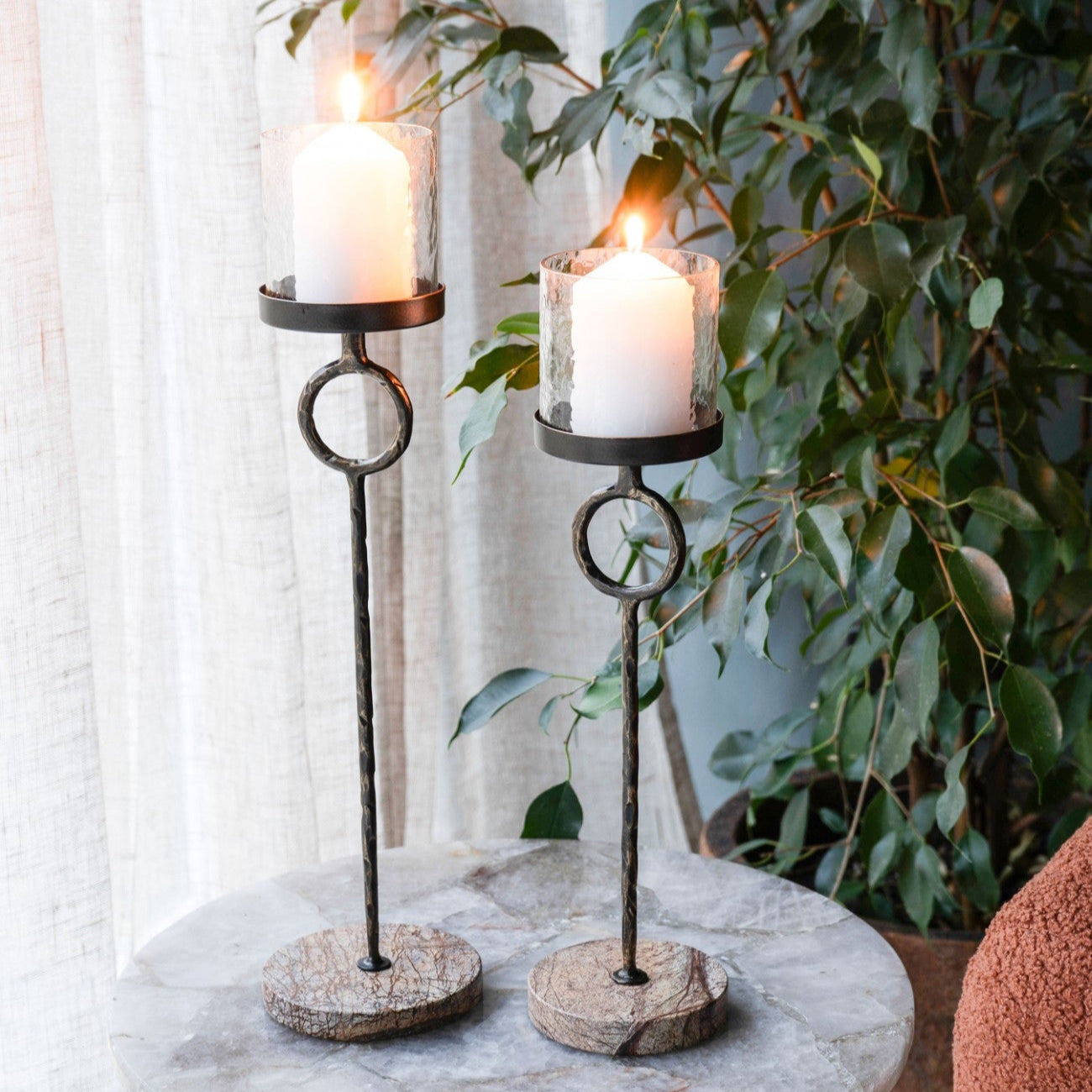 Antique Gold Table Hurricane Candle Holder With Marble Base | Large