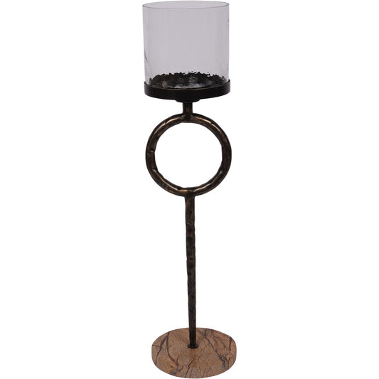 Antique Gold Floor Hurricane Candle Holder With Marble Base | Large