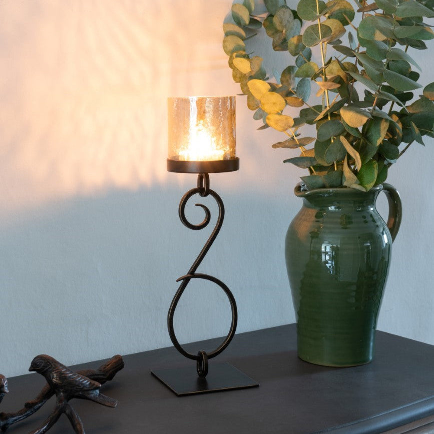 Medium Iron & Smoked Glass Candle Holder