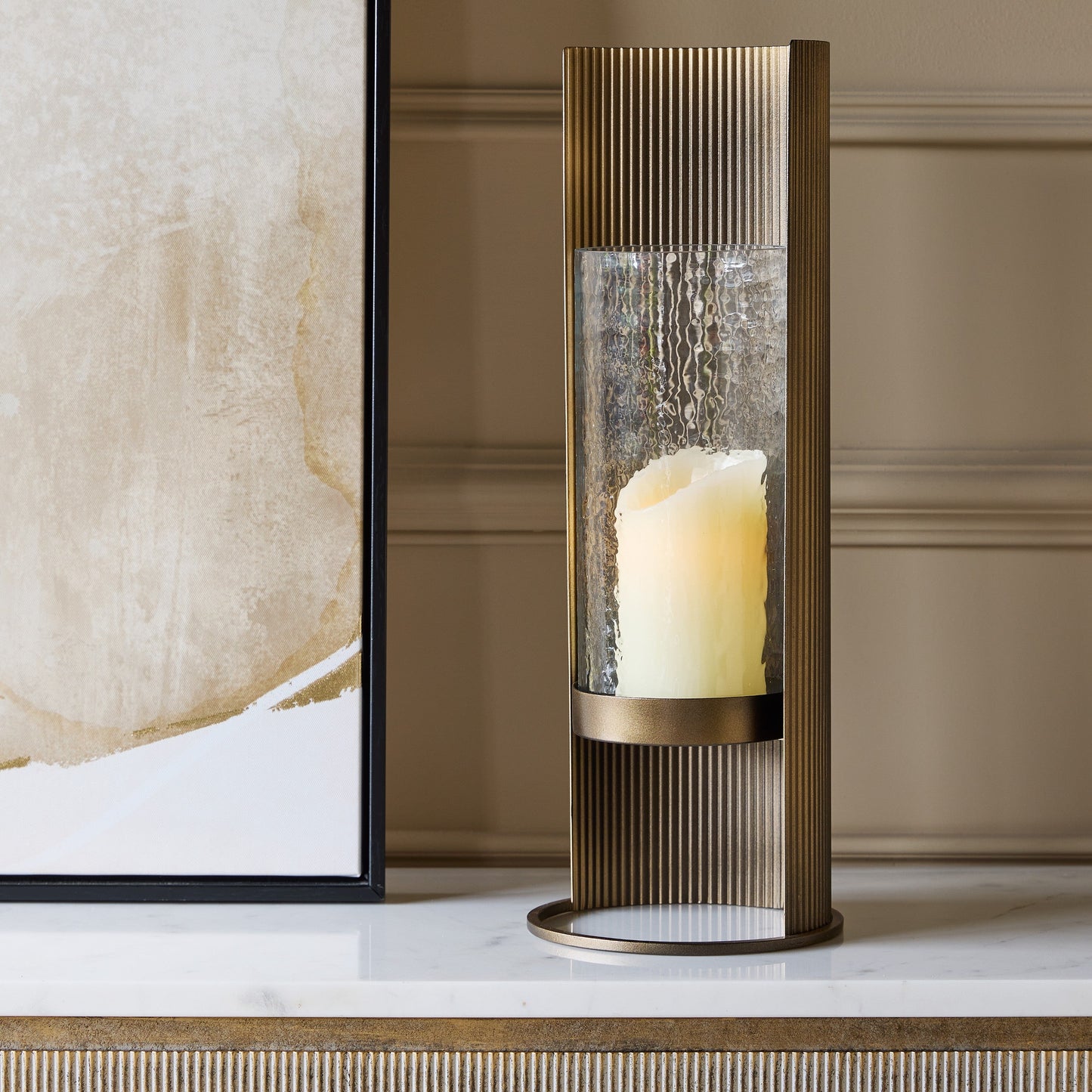 Corrugated Aged Gold Table Hurricane Candle Holder