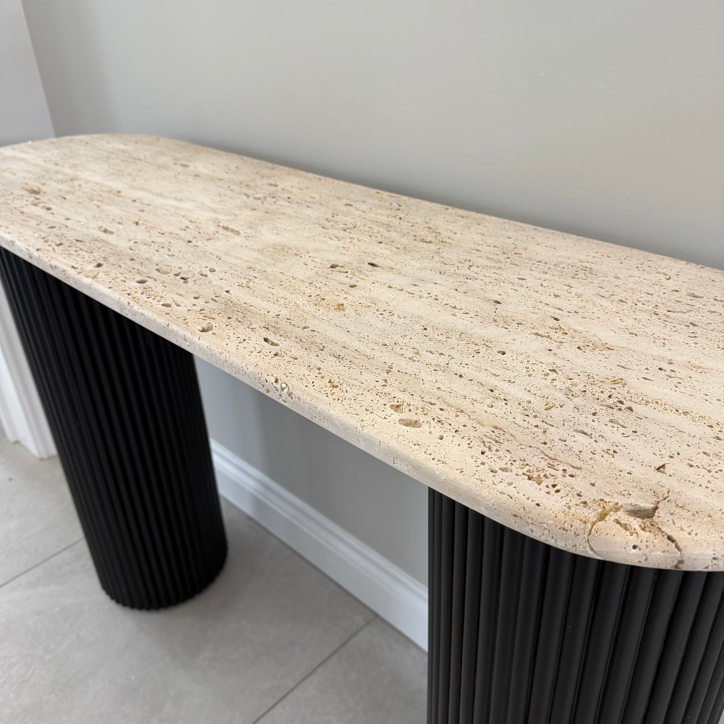 Black Acacia Wood Console Table With Travertine Top