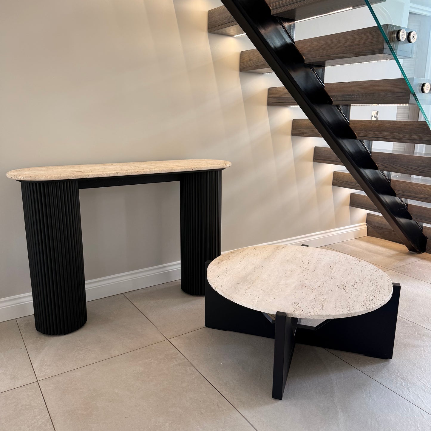 Black Acacia Wood Console Table With Travertine Top