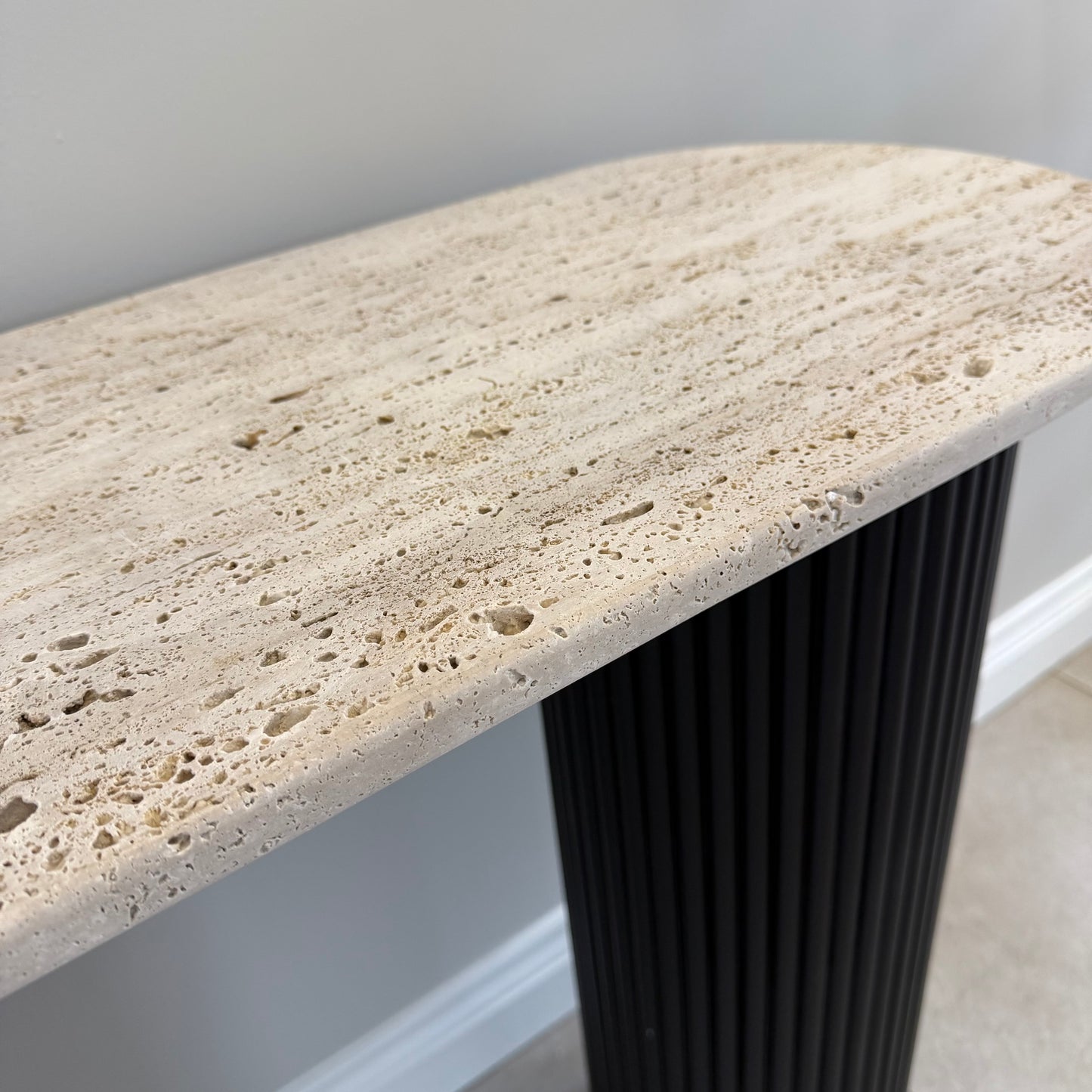 Black Acacia Wood Console Table With Travertine Top