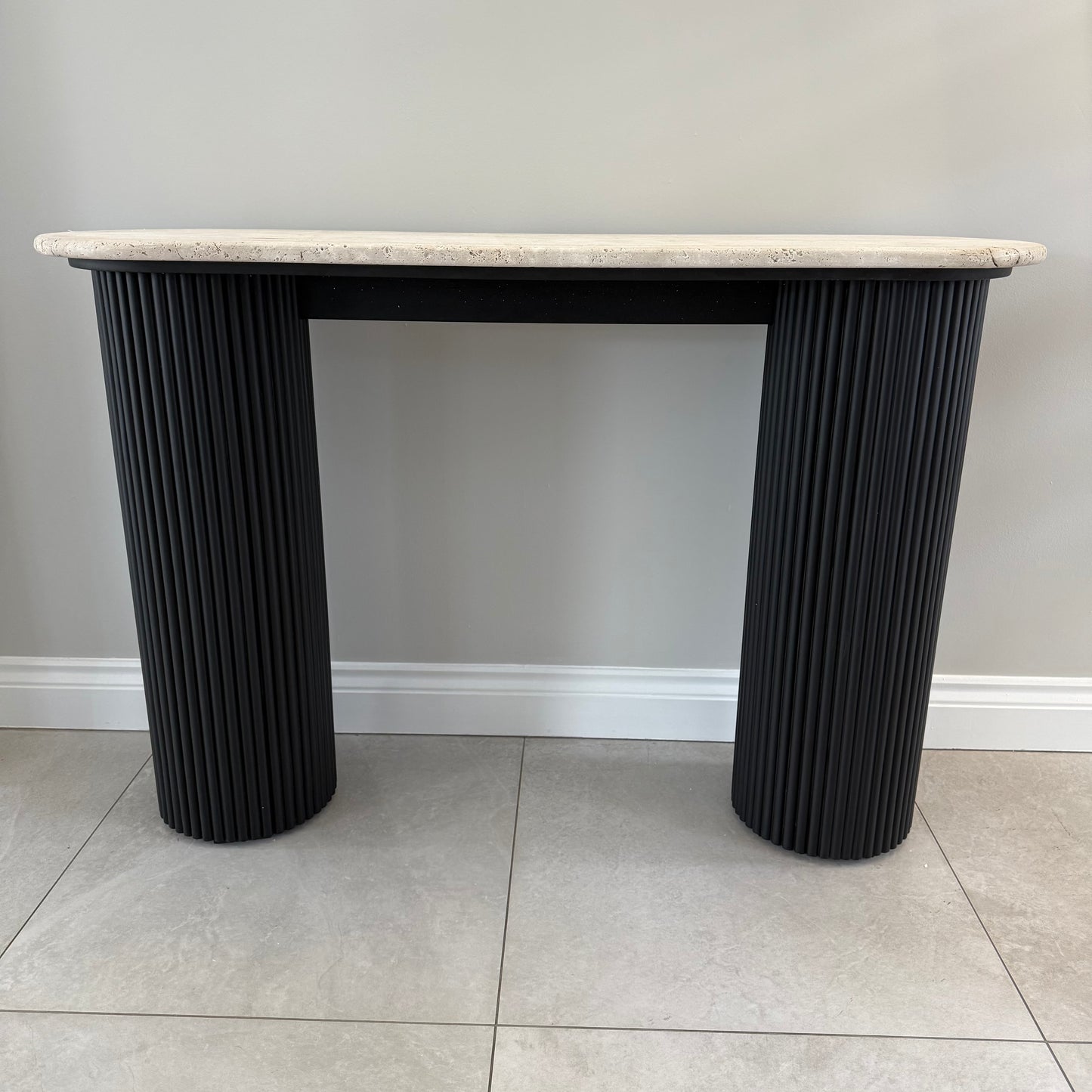 Black Acacia Wood Console Table With Travertine Top