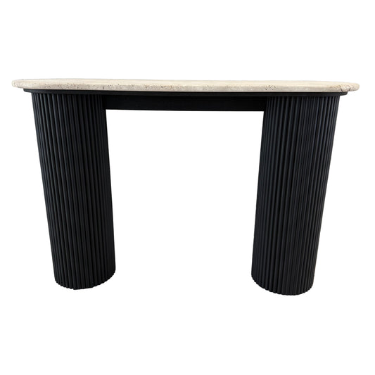 Black Acacia Wood Console Table With Travertine Top