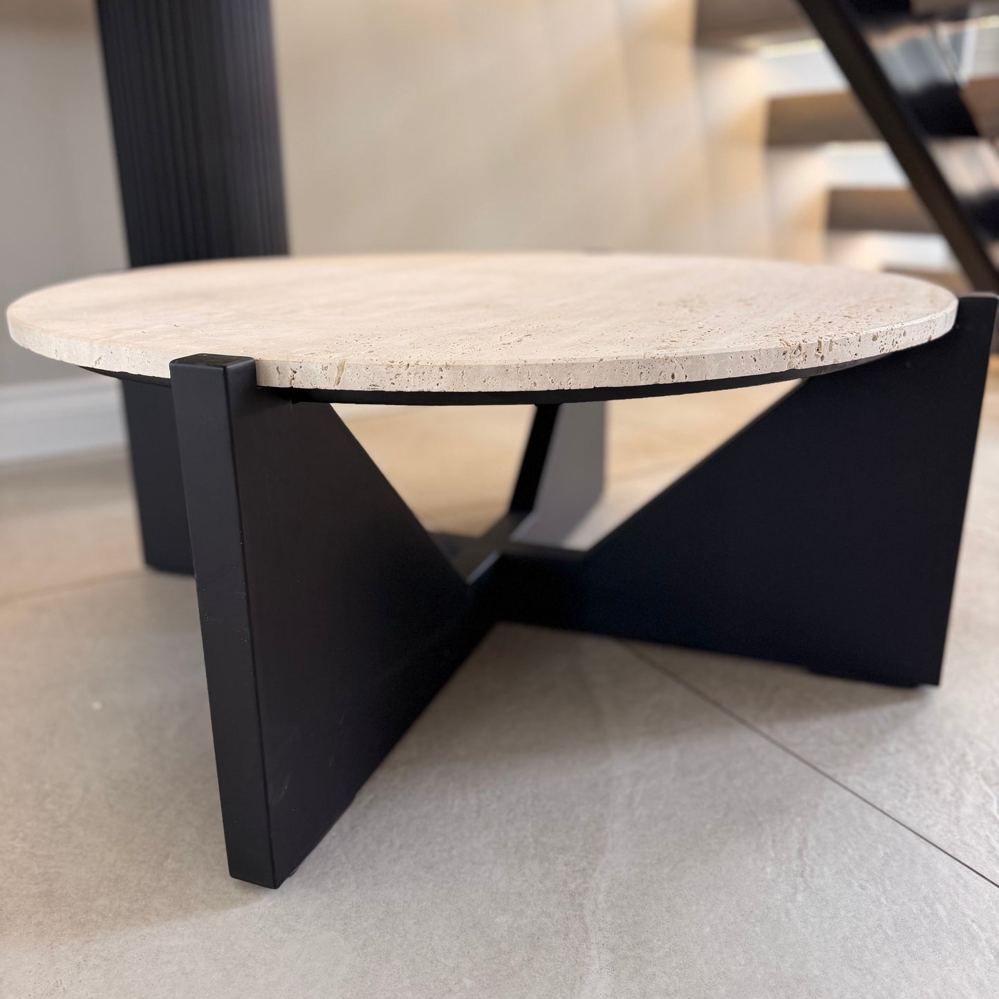 Black Acacia Wood Coffee Table With Travertine Top