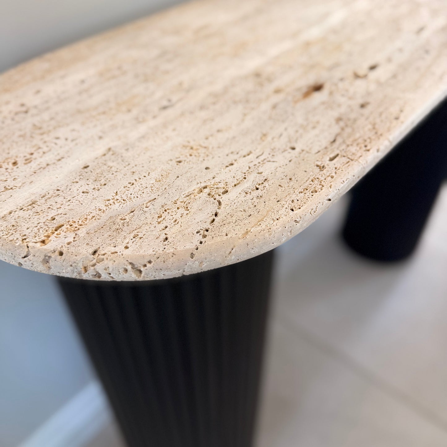 Black Acacia Wood Console Table With Travertine Top