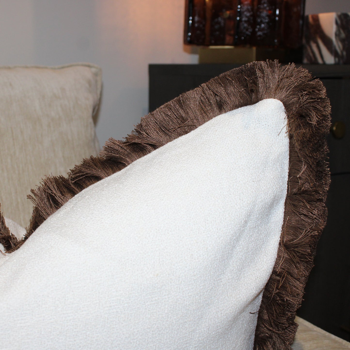 Large Cream & Chocolate Brown Decorative Cushion With Fringe Trim Detail