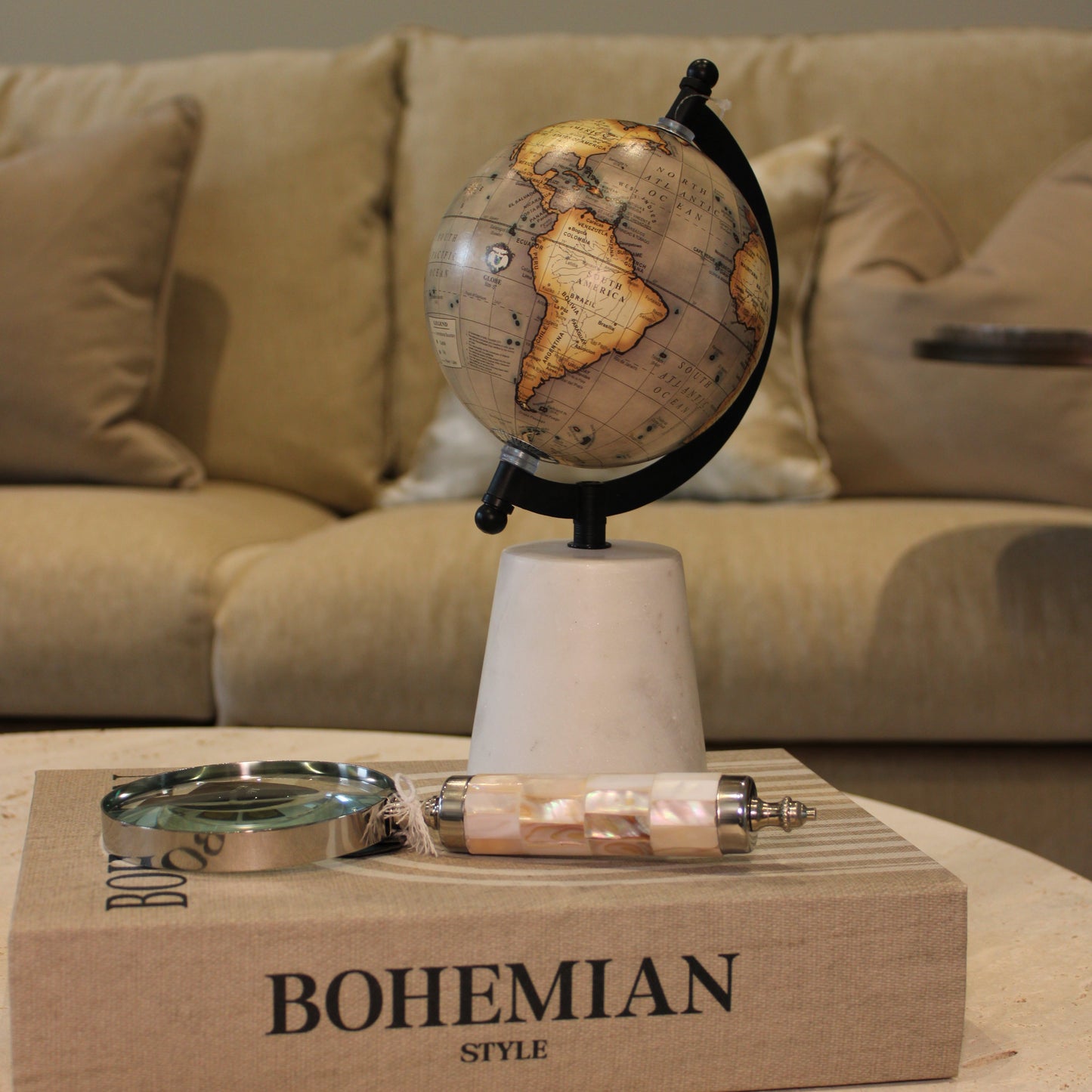 Small Beige Decorative Globe With Marble Base
