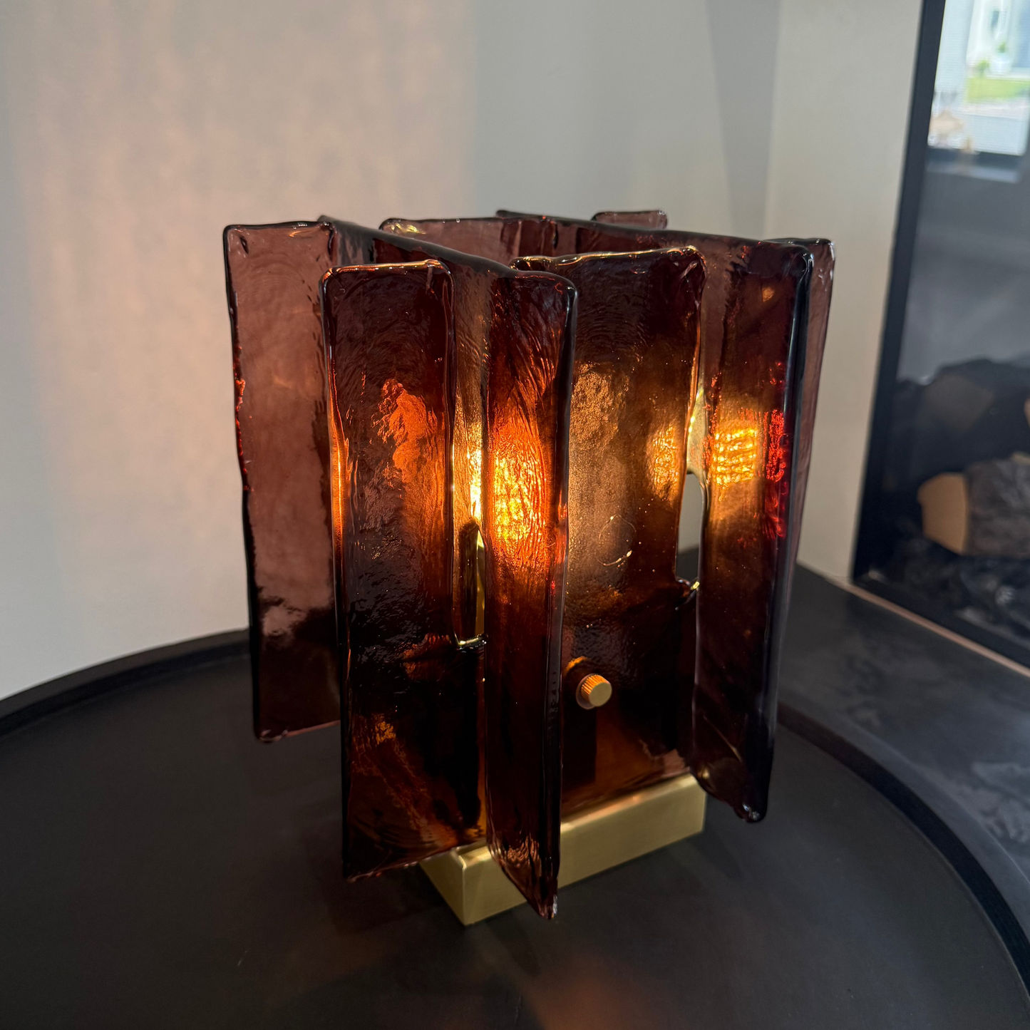 Modern Art Deco Amber Smoked Glass & Brass Lamp
