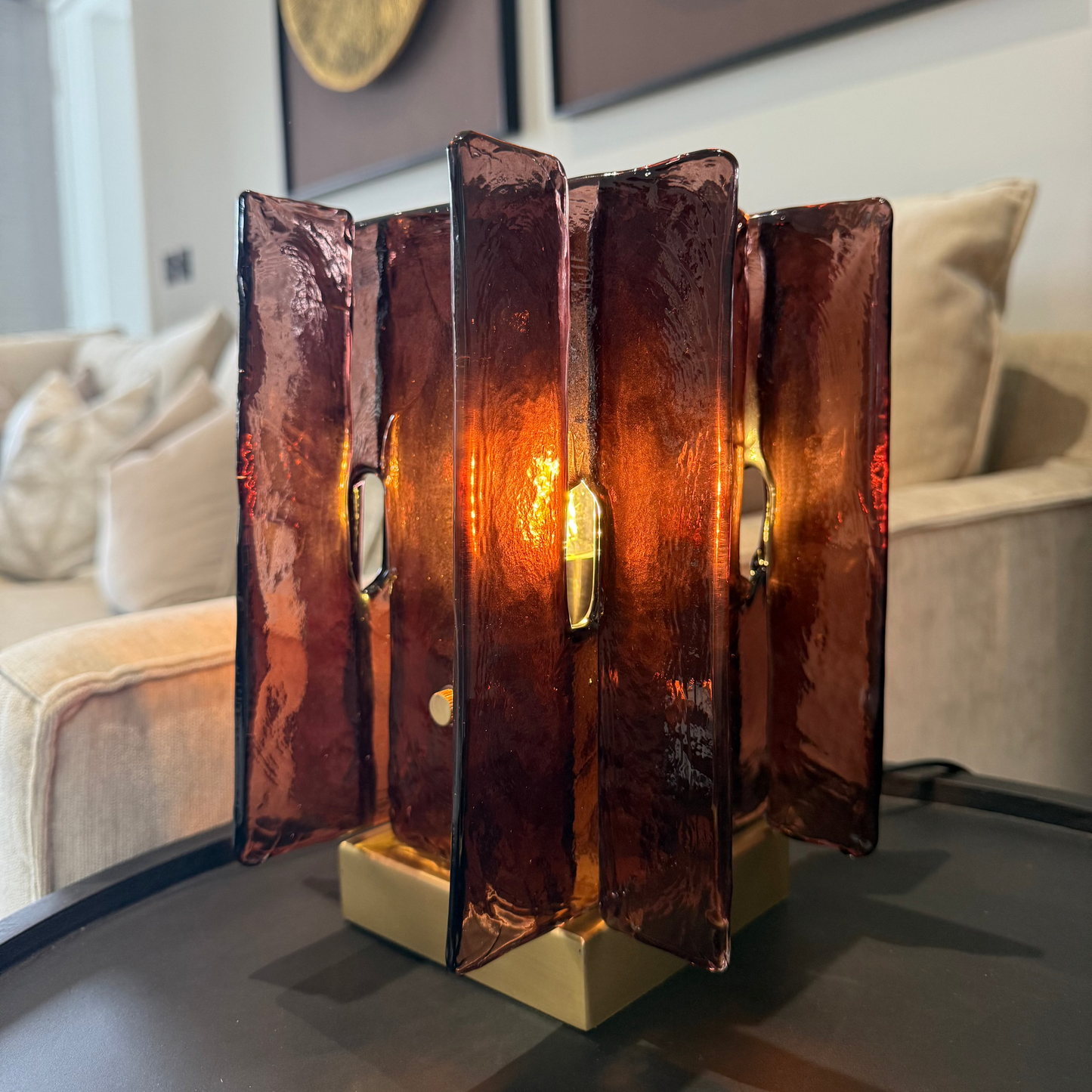 Modern Art Deco Amber Smoked Glass & Brass Lamp