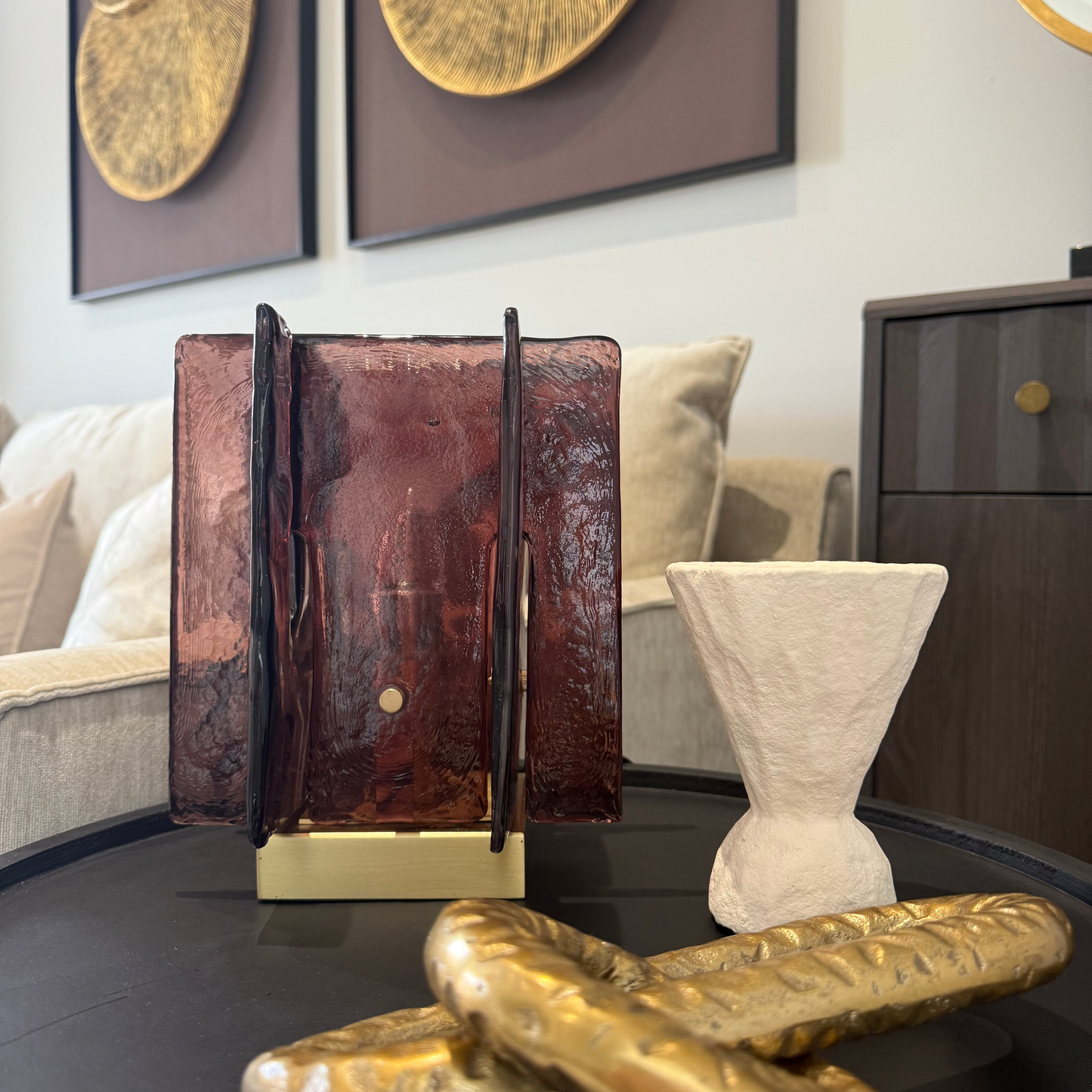 Modern Art Deco Amber Smoked Glass & Brass Lamp