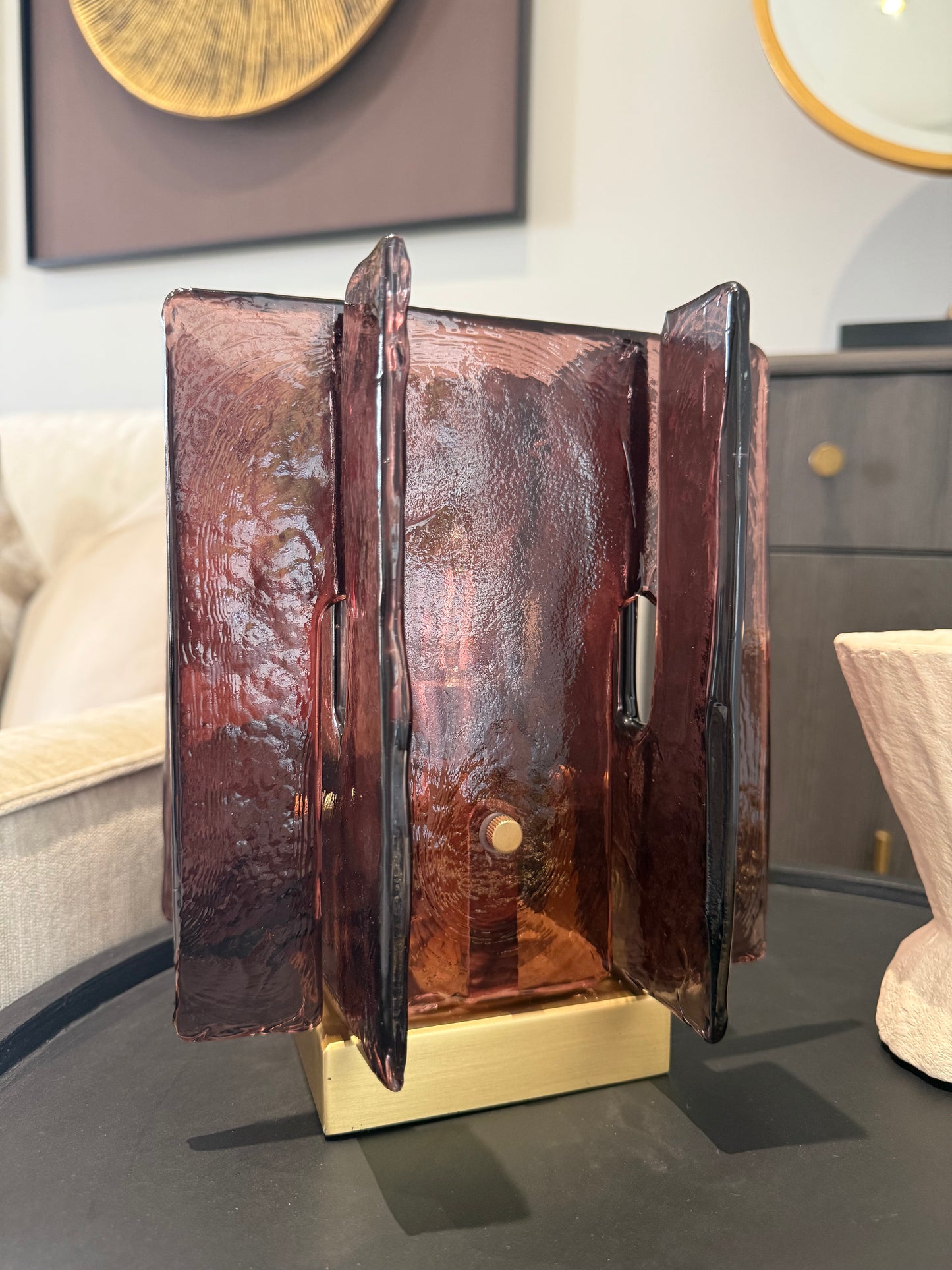 Modern Art Deco Amber Smoked Glass & Brass Lamp