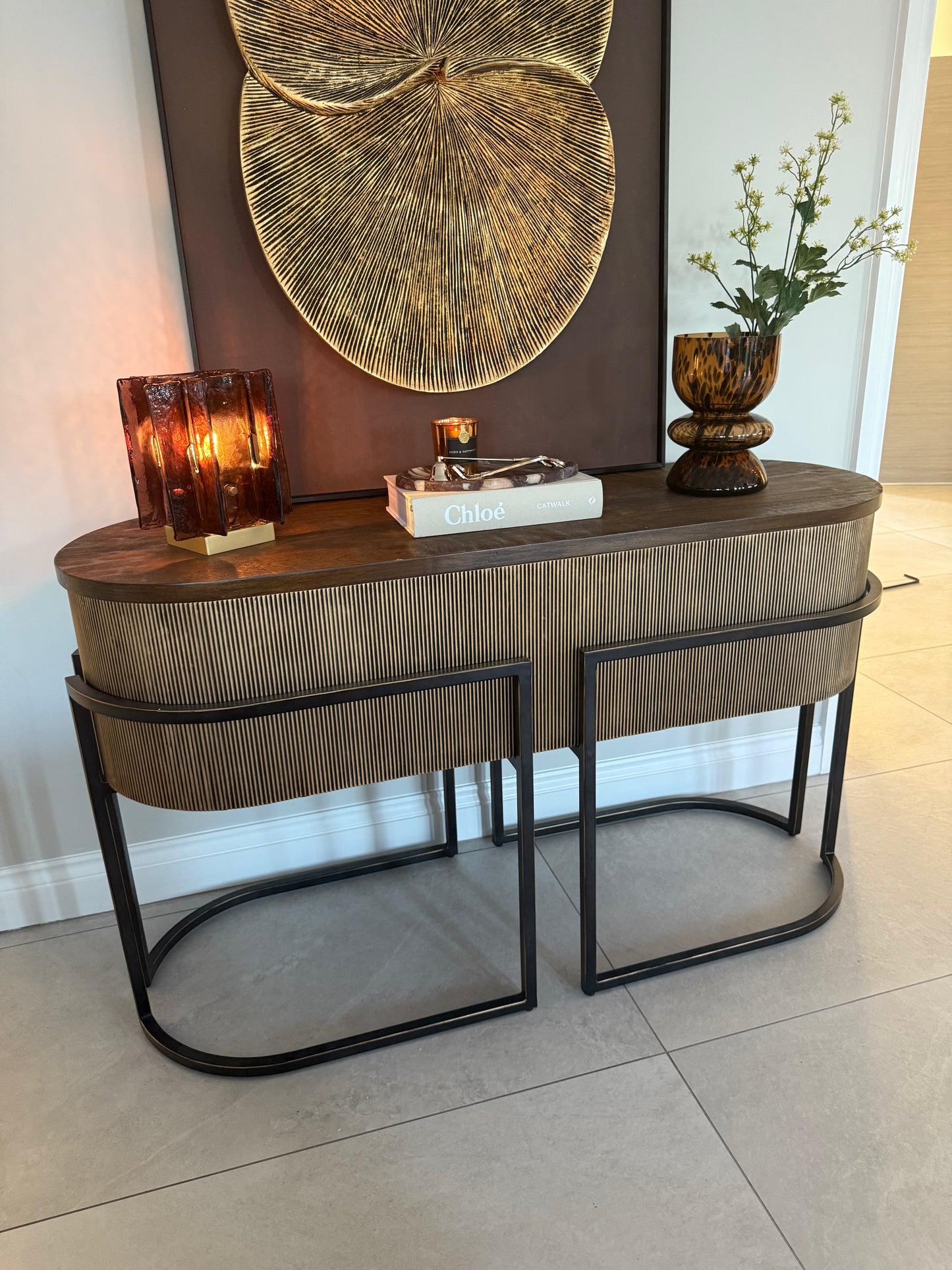 Corrugated Gold/Bronze & Dark Wood Console Table