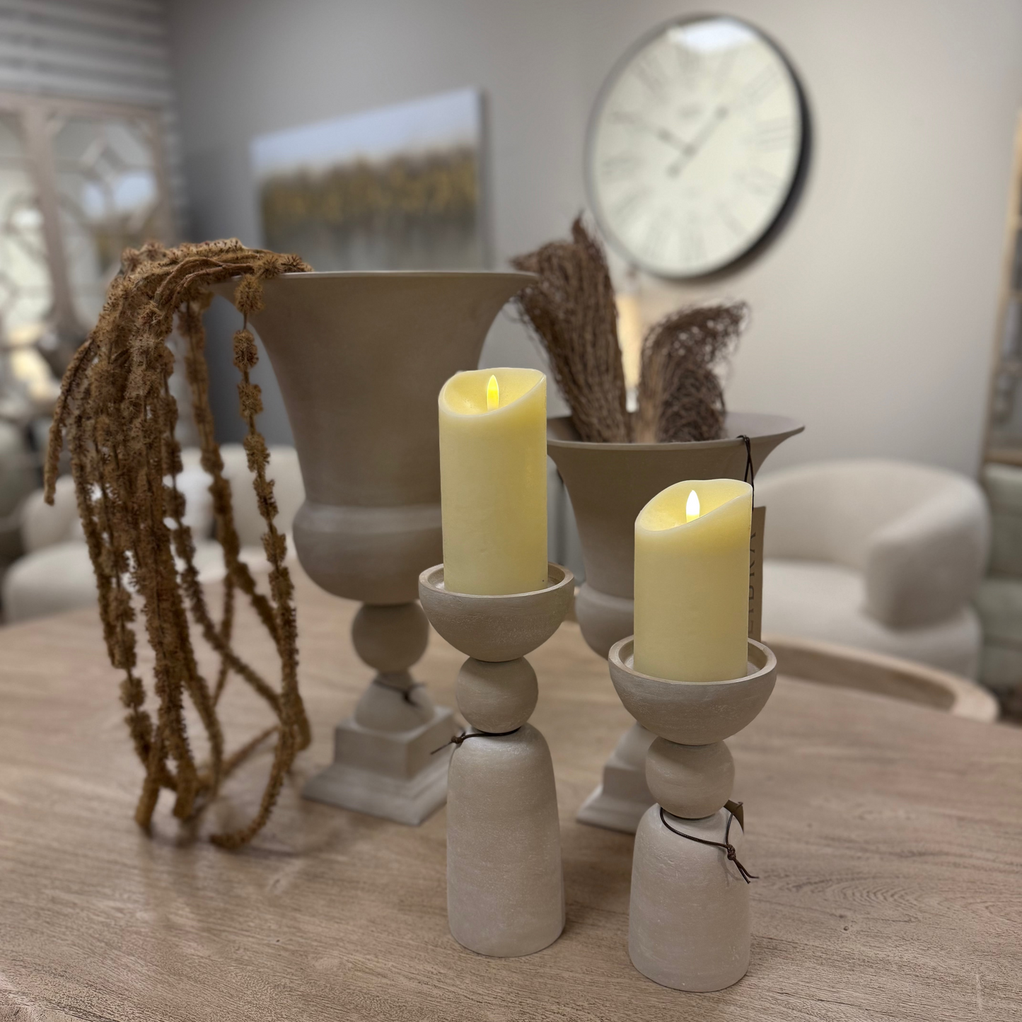 Neutral Stone Textured Pillar Candle Holder | Large