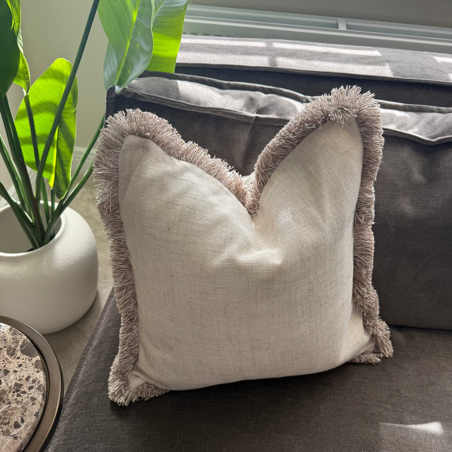 Luxury Fringed Linen-Effect Natural Decorative Cushion