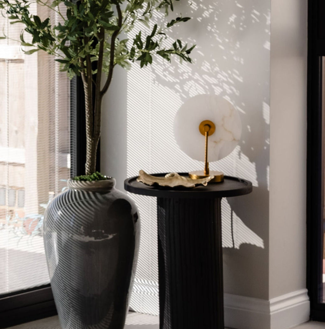 White Marble & Gold Finish Round Table Lamp