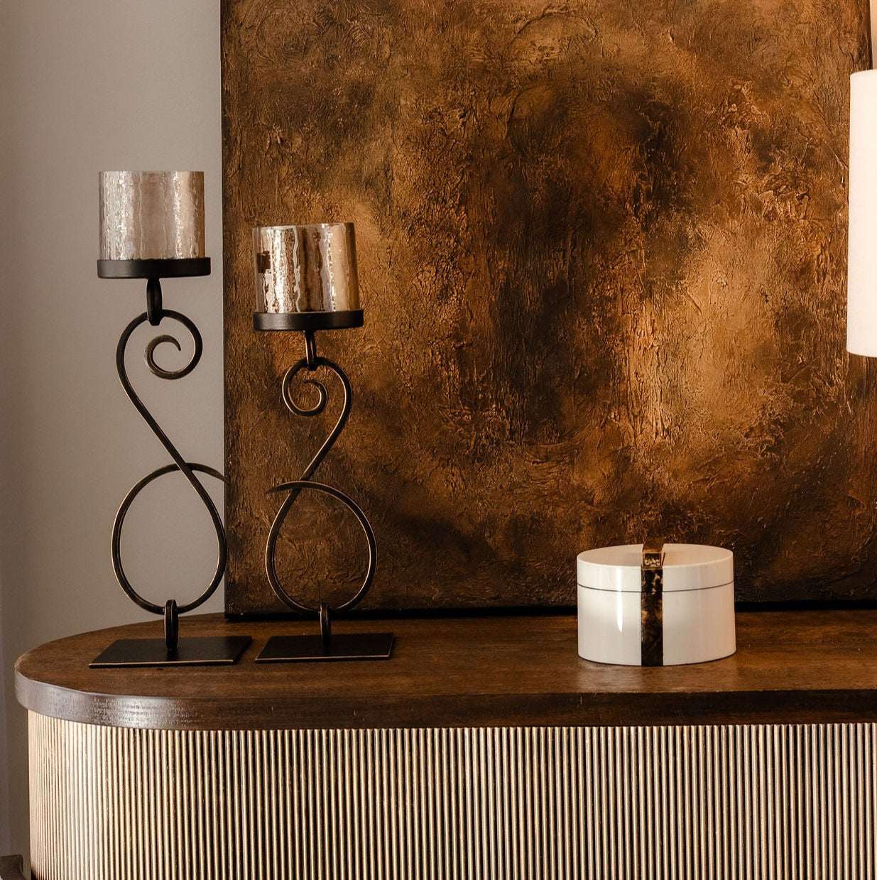 Large Iron & Smoked Glass Candle Holder