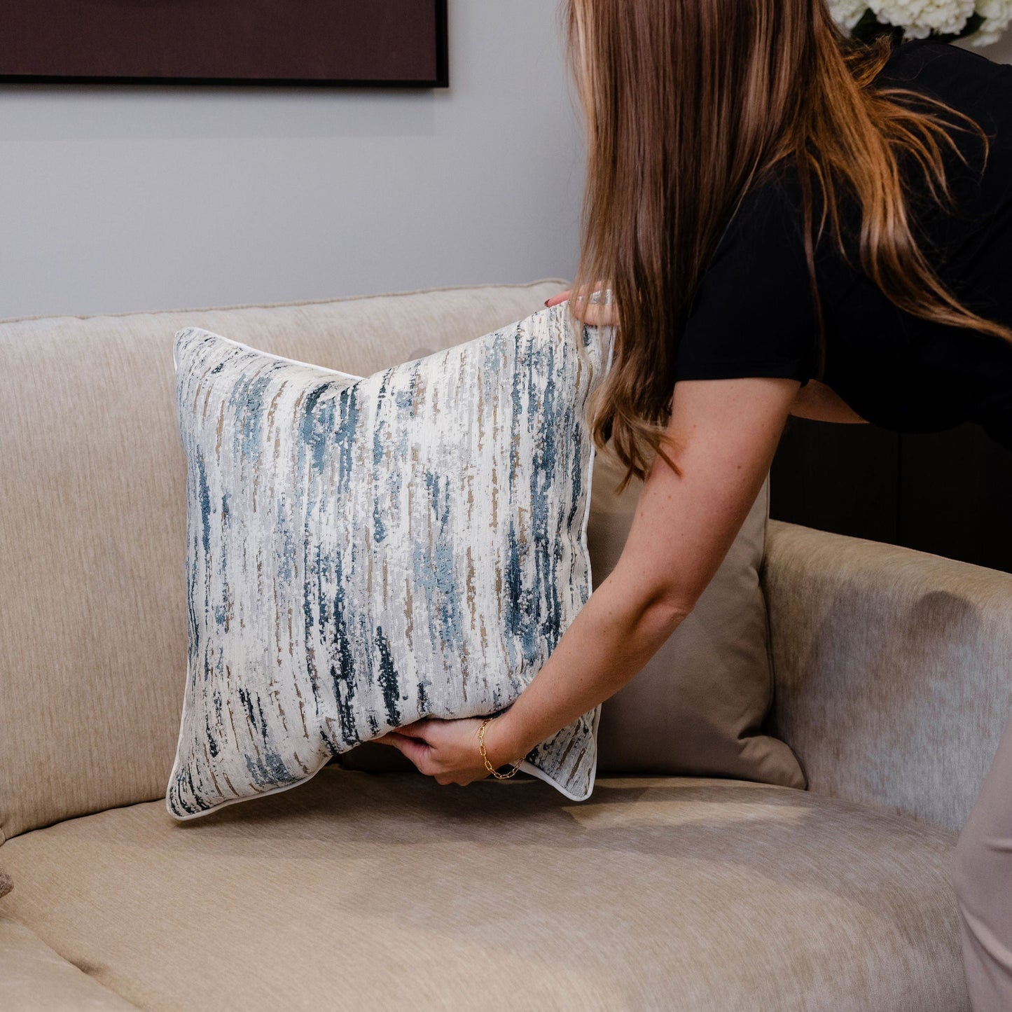 Oyster & Blue Patterned Cushion 50x50cm