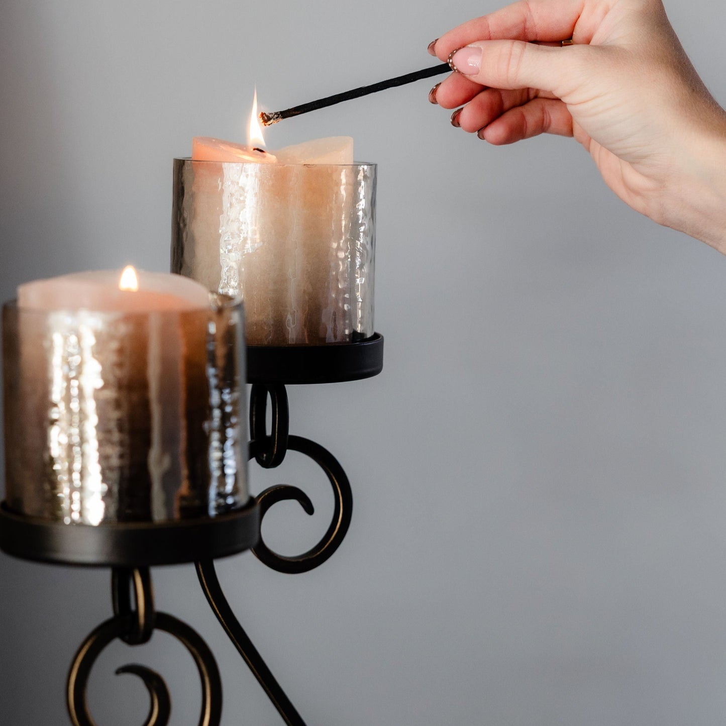 Large Iron & Smoked Glass Candle Holder