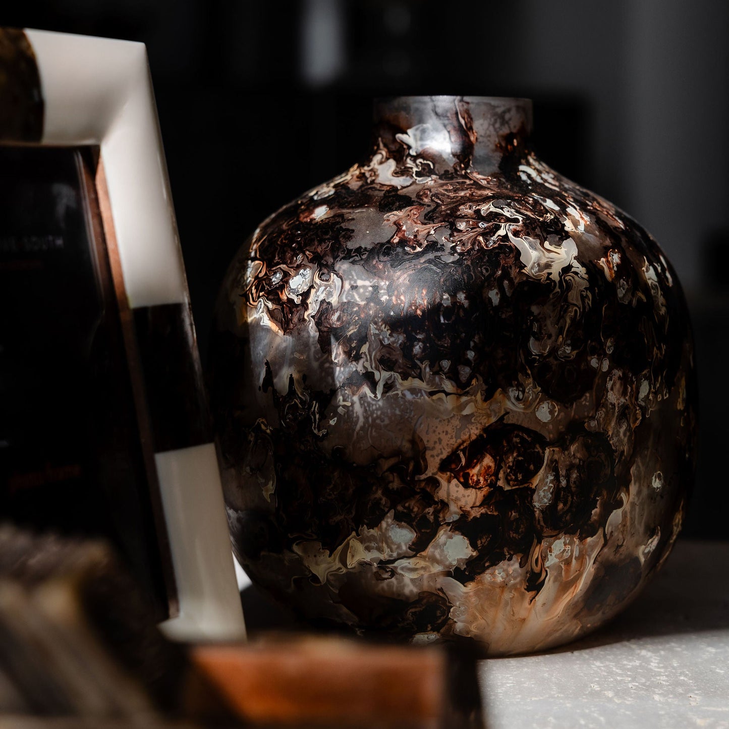 Brown Marbled Round Glass Vase