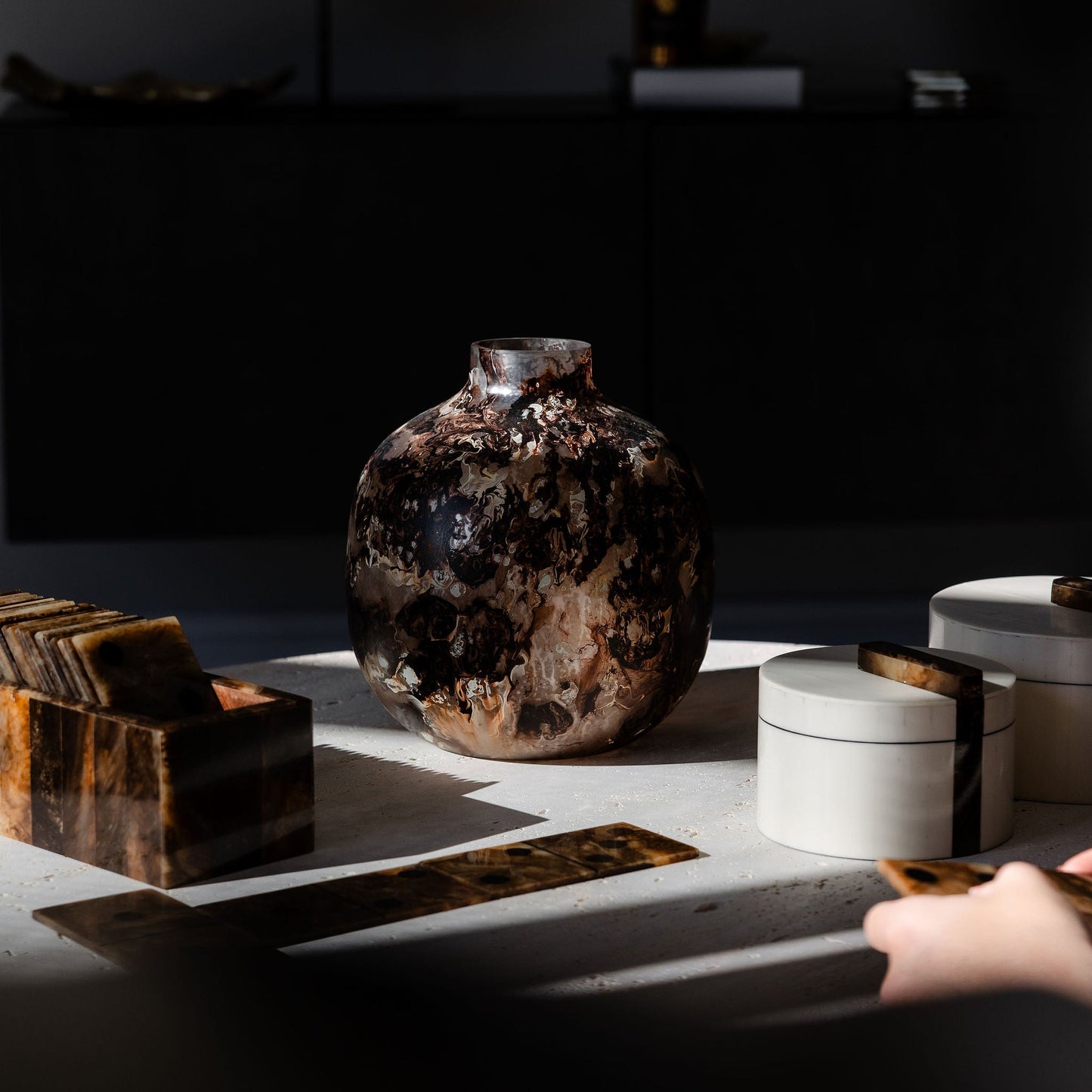 Brown Marbled Round Glass Vase