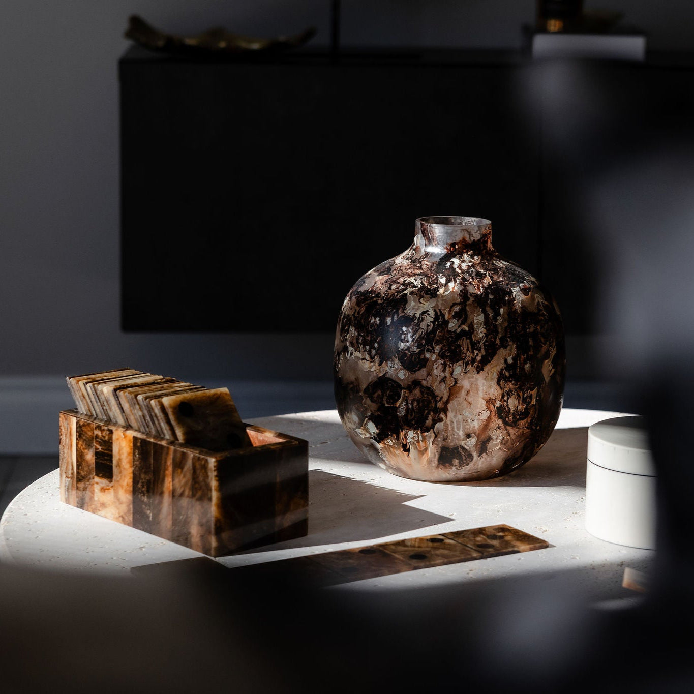 Brown Marbled Round Glass Vase