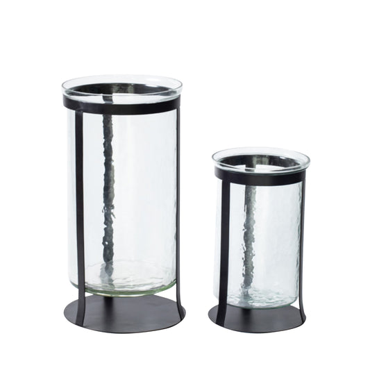 Hammered Glass & Black Iron Hurricane Candle Holder | Large