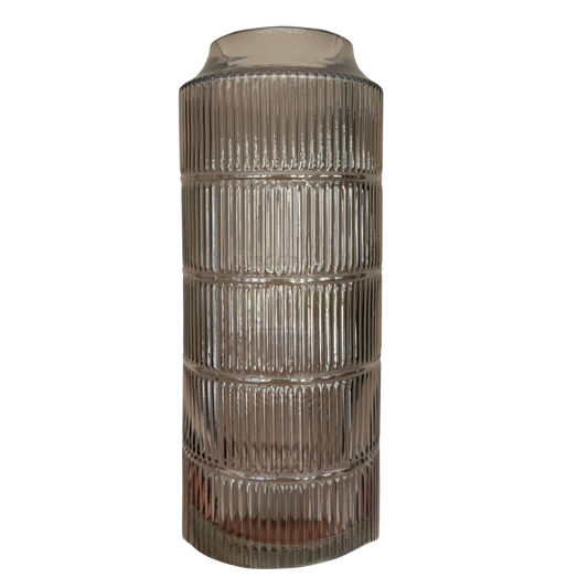Large Grey Smoked Glass Ribbed Vase