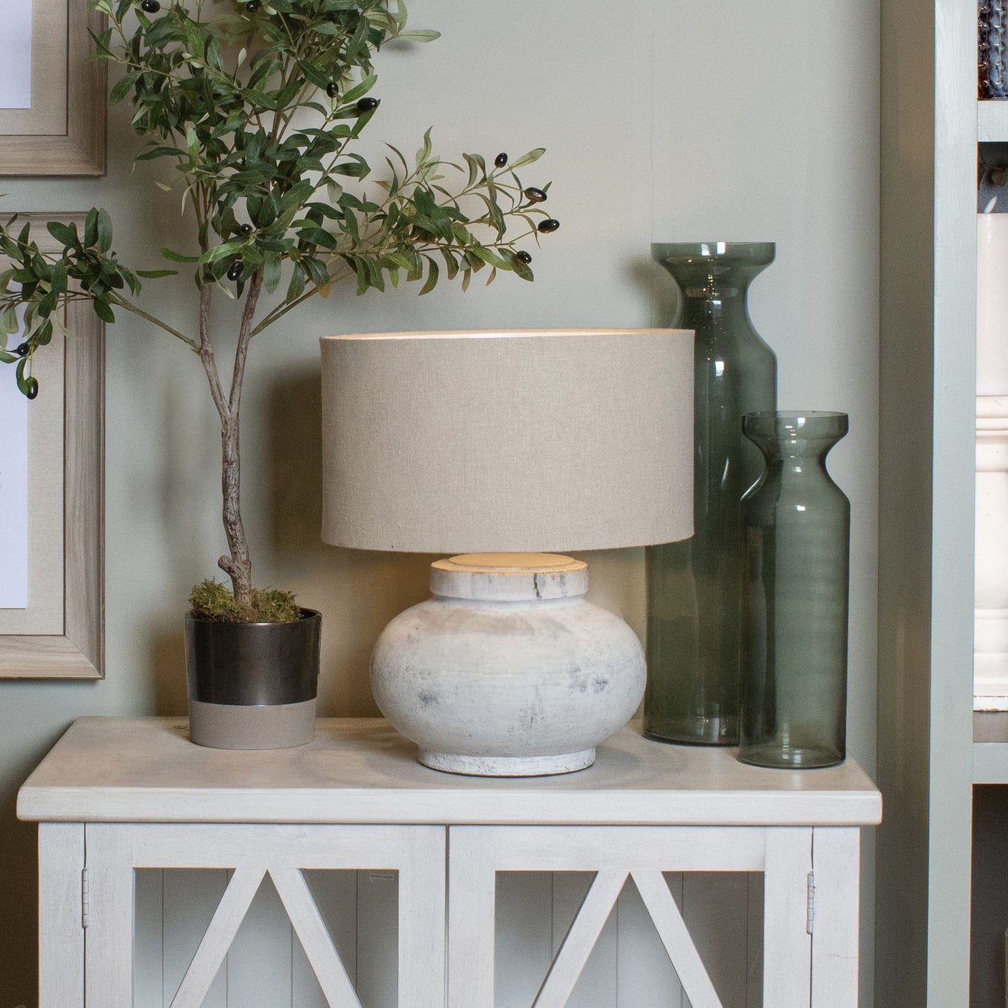 Antique White Stone Effect Round Ceramic Table Lamp With Linen Shade
