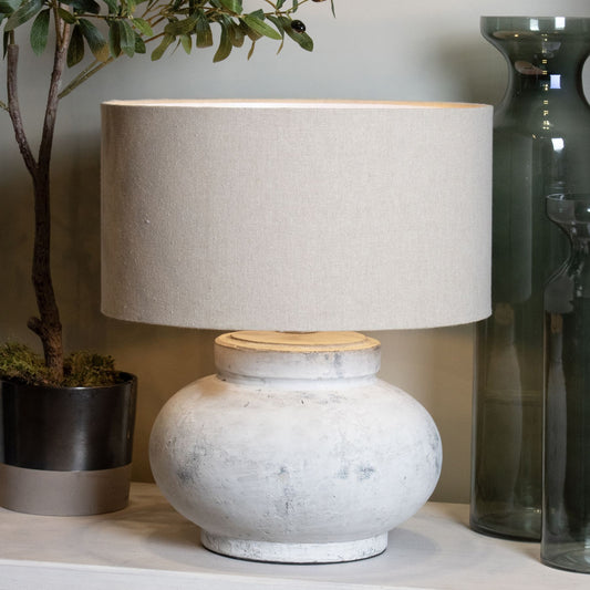 Antique White Stone Effect Round Ceramic Table Lamp With Linen Shade