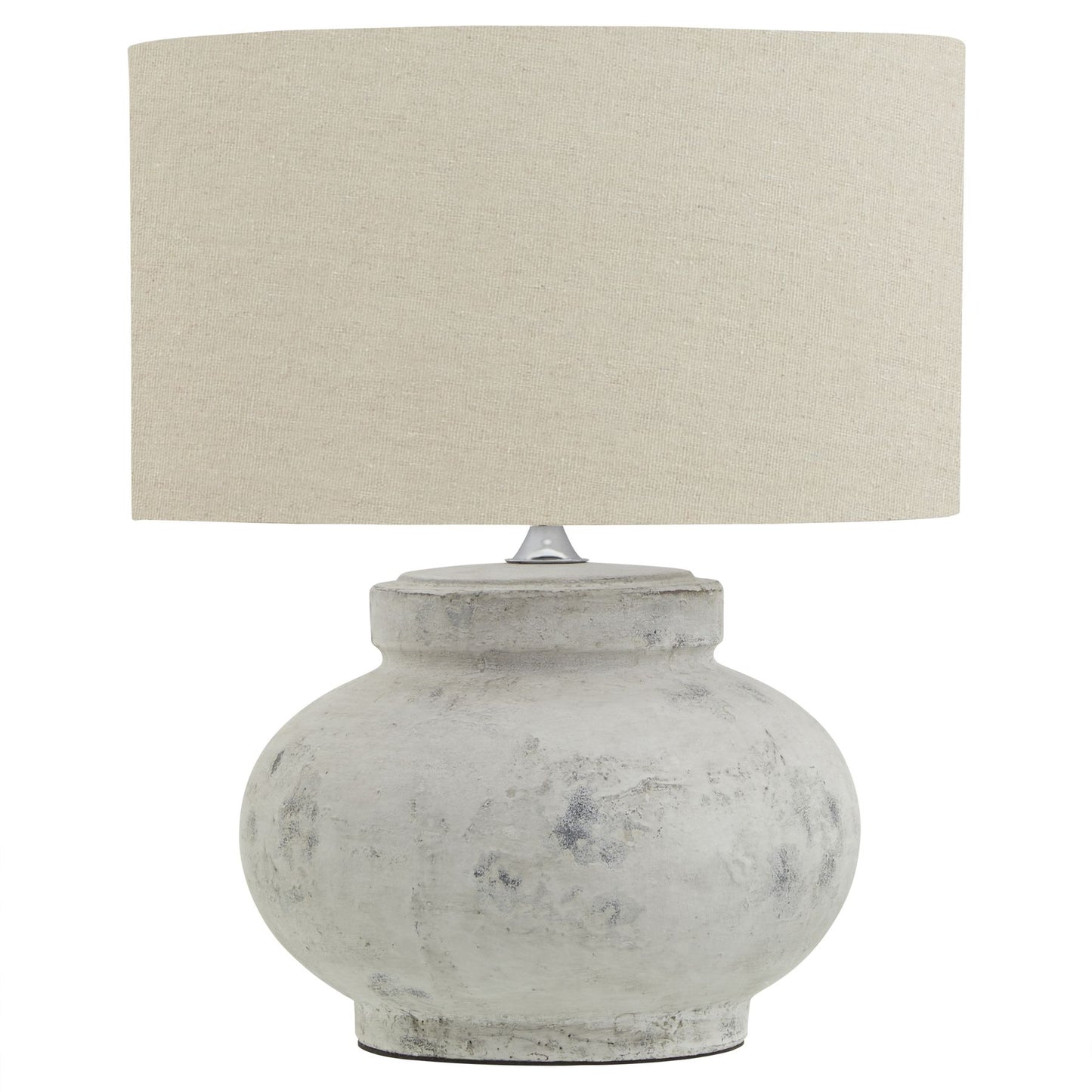 Antique White Stone Effect Round Ceramic Table Lamp With Linen Shade