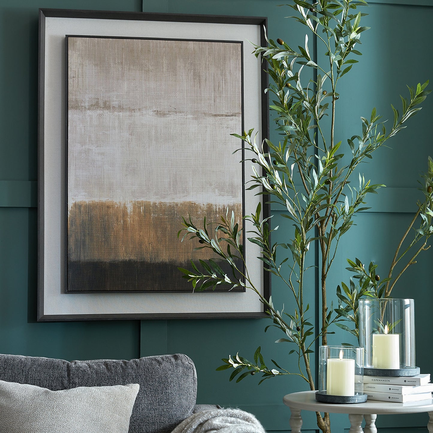 Large Neutral Linen Painting Mounted in Frame