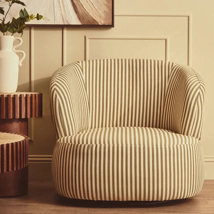 Olive Green and White Stripe Swivel Lounge Chair